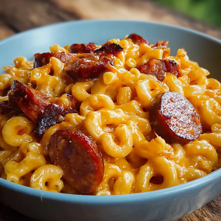 A bowl of spicy BBQ cheddar mac with smoked sausage.