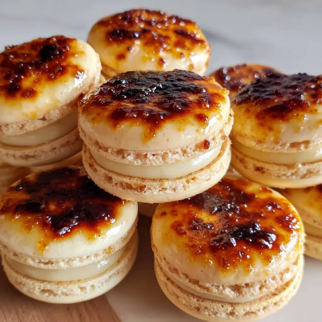 A stack of creme brûlée macarons.