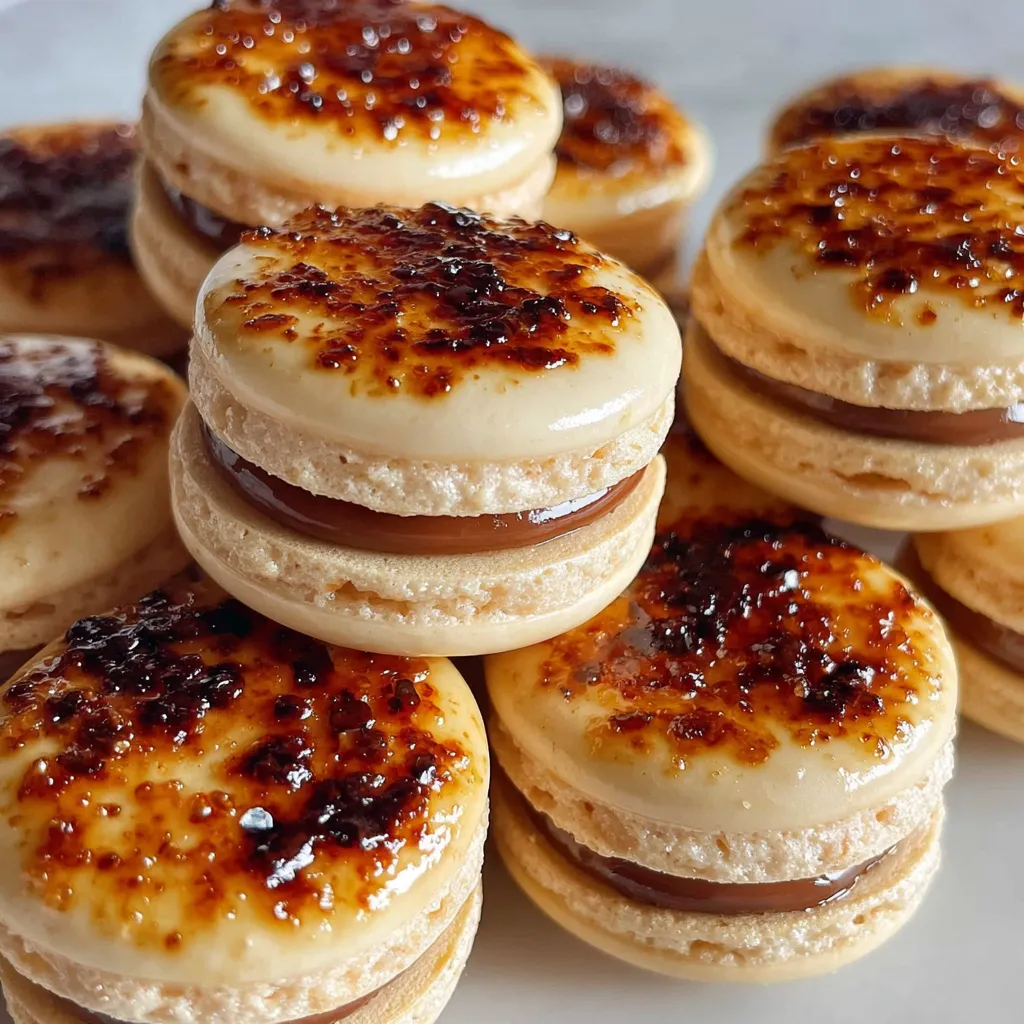 A stack of Creme Brûlée Macarons.