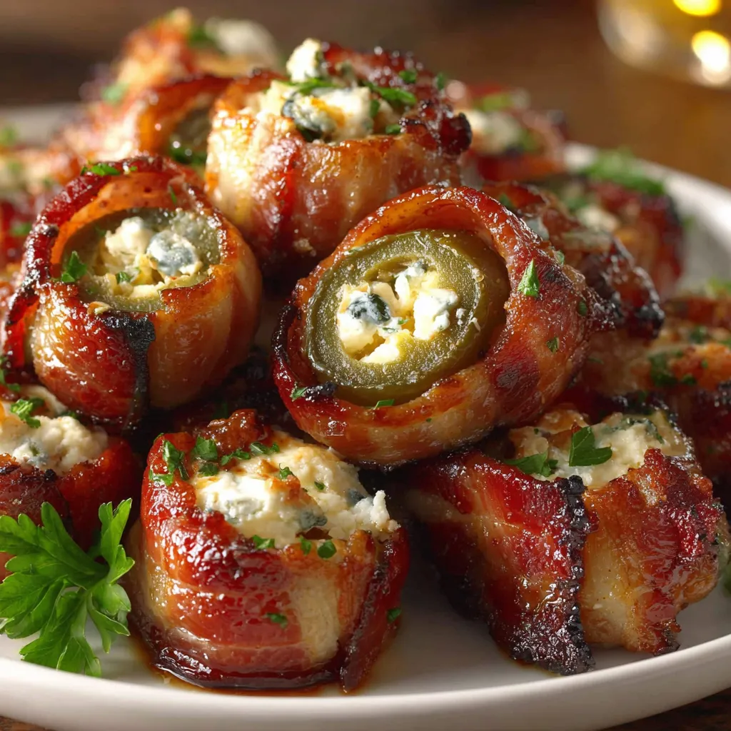 Bacon wrapped sausage bites with cheese and jalapenos.
