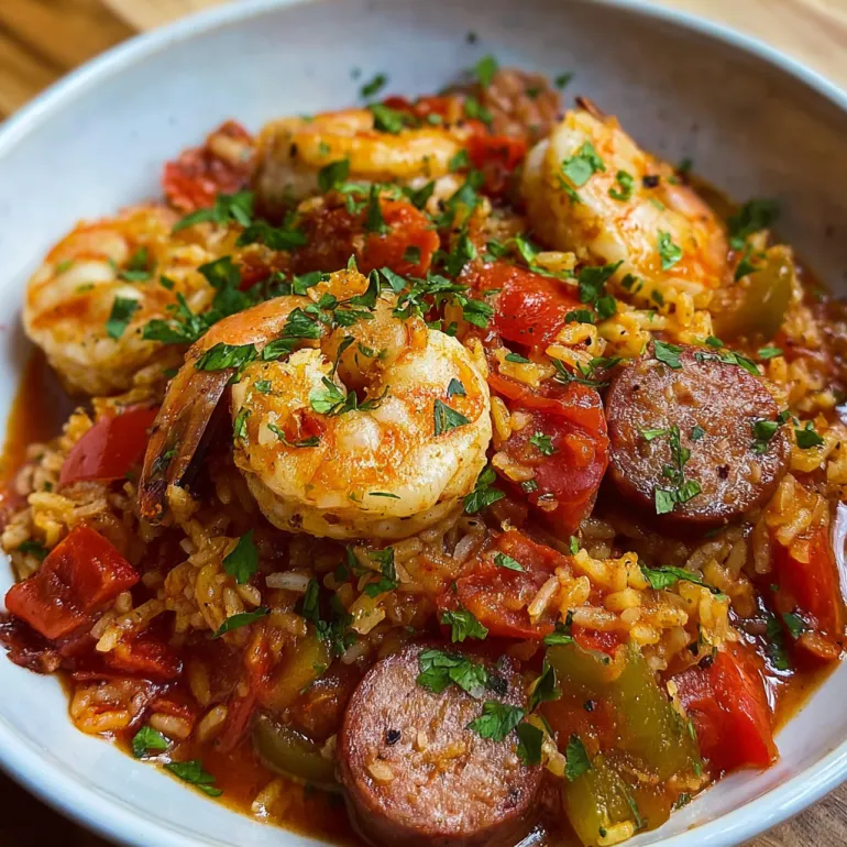 A bowl of jambalaya with shrimp sausage and chicken.