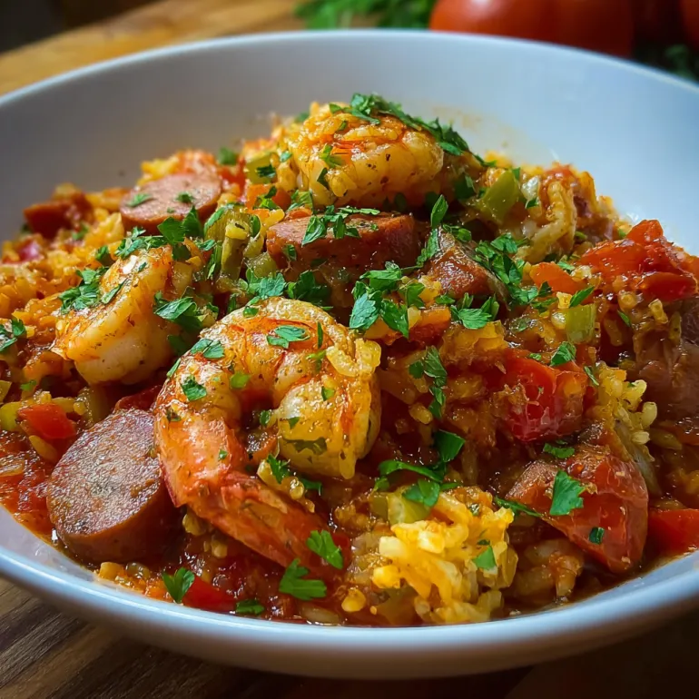 A bowl of jambalaya with shrimp, sausage, and chicken.
