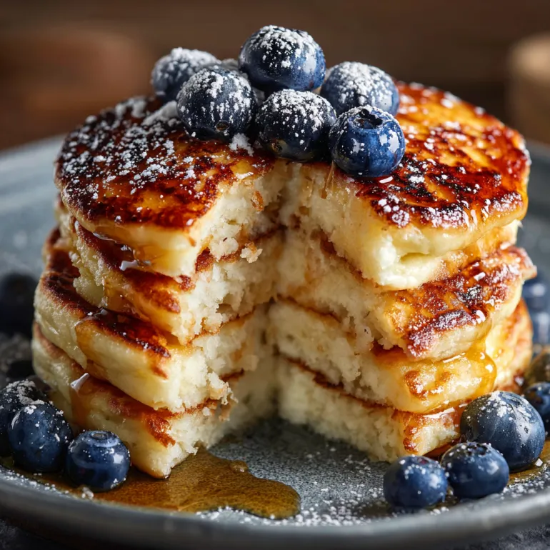 A stack of fluffy cottage cheese pancakes with blueberries on top.
