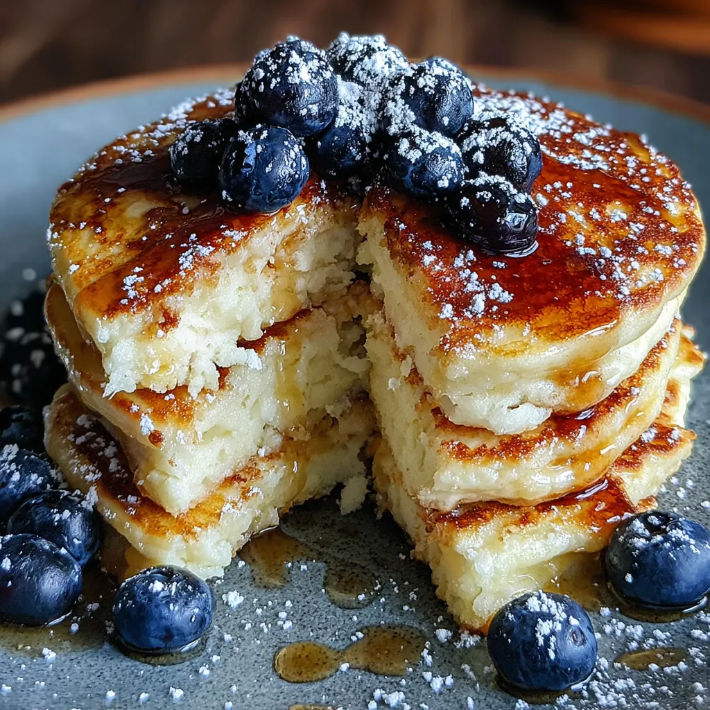 A stack of fluffy cottage cheese pancakes with blueberries on top.