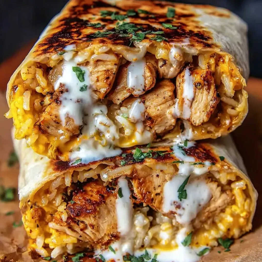 A loaded hot honey chicken burrito melts with creamy garlic lava sauce.