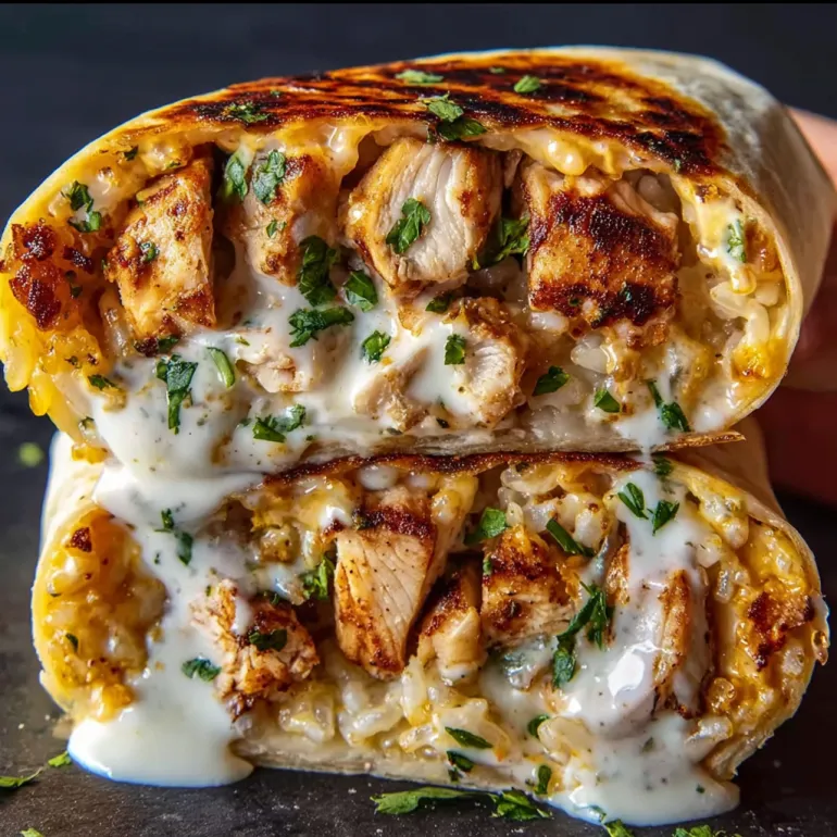A loaded hot honey chicken burrito melts with creamy garlic lava sauce.