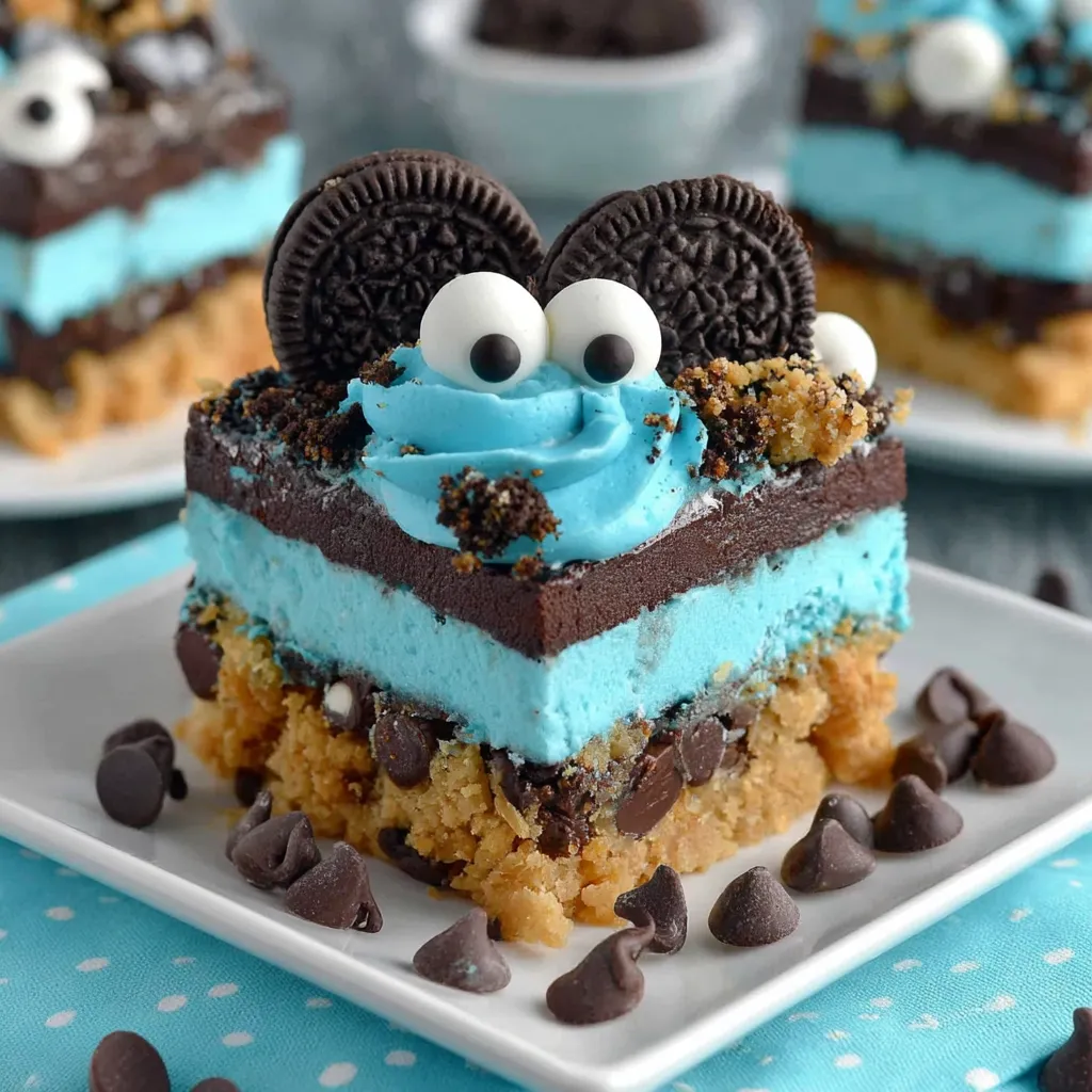 A dessert with a cookie monster face made of cookies and ice cream.