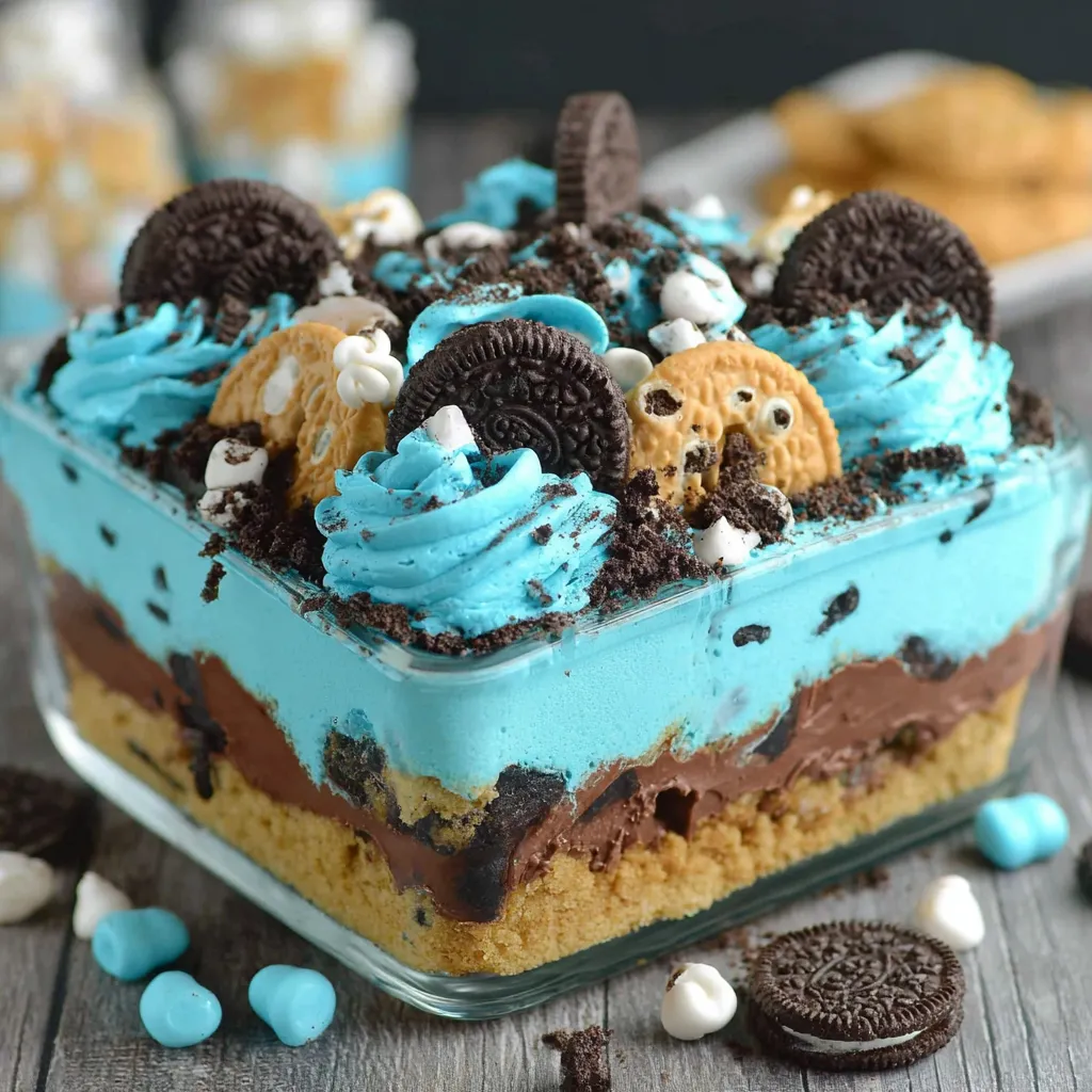 A dessert with a cookie monster theme.