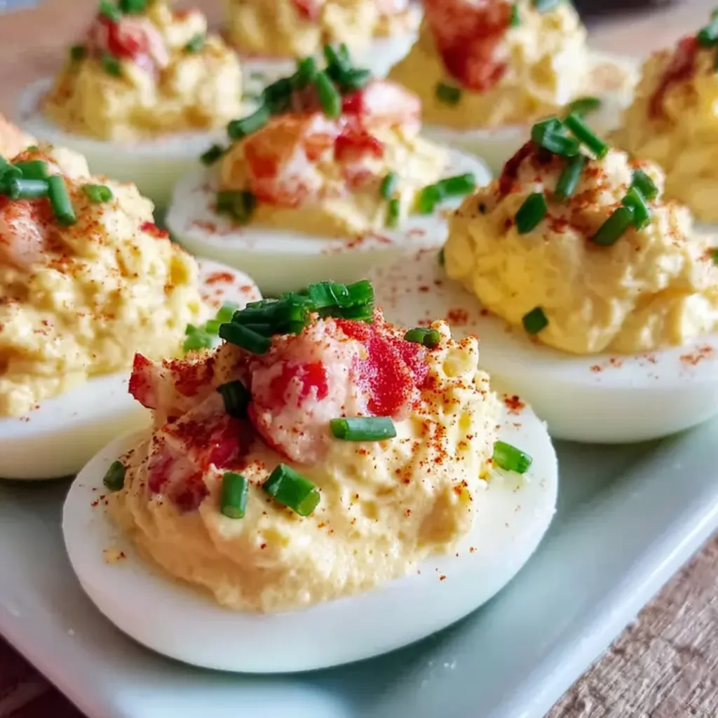 A plate of deviled eggs with lobster meat.