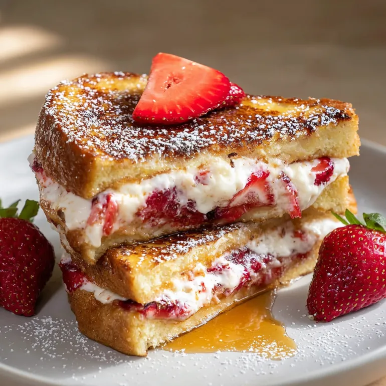 A stack of French toast with strawberries on top.