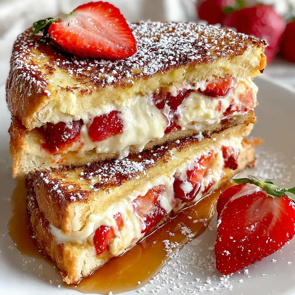 A stack of French toast with strawberries and whipped cream.
