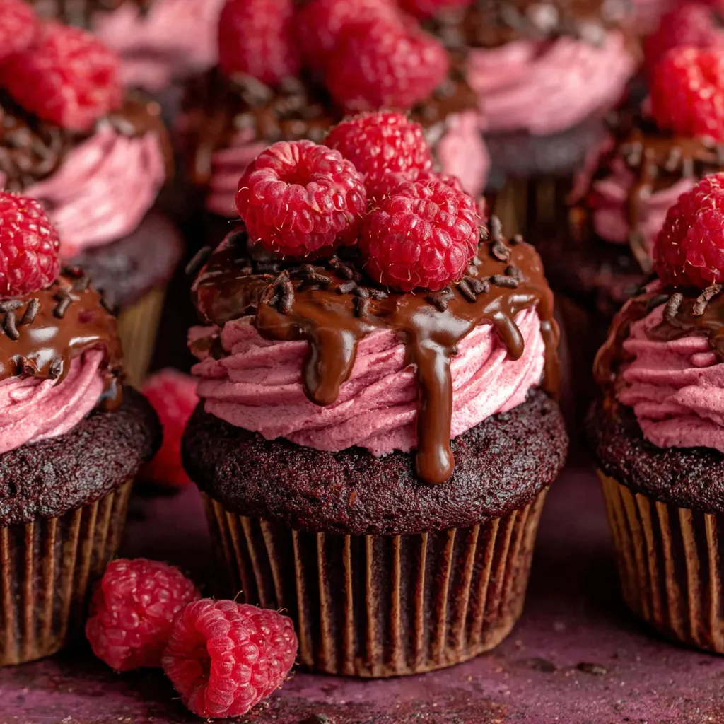 Chocolate cupcakes with raspberries on top.