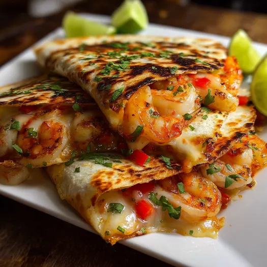 A plate of shrimp quesadilla with melted cheese.