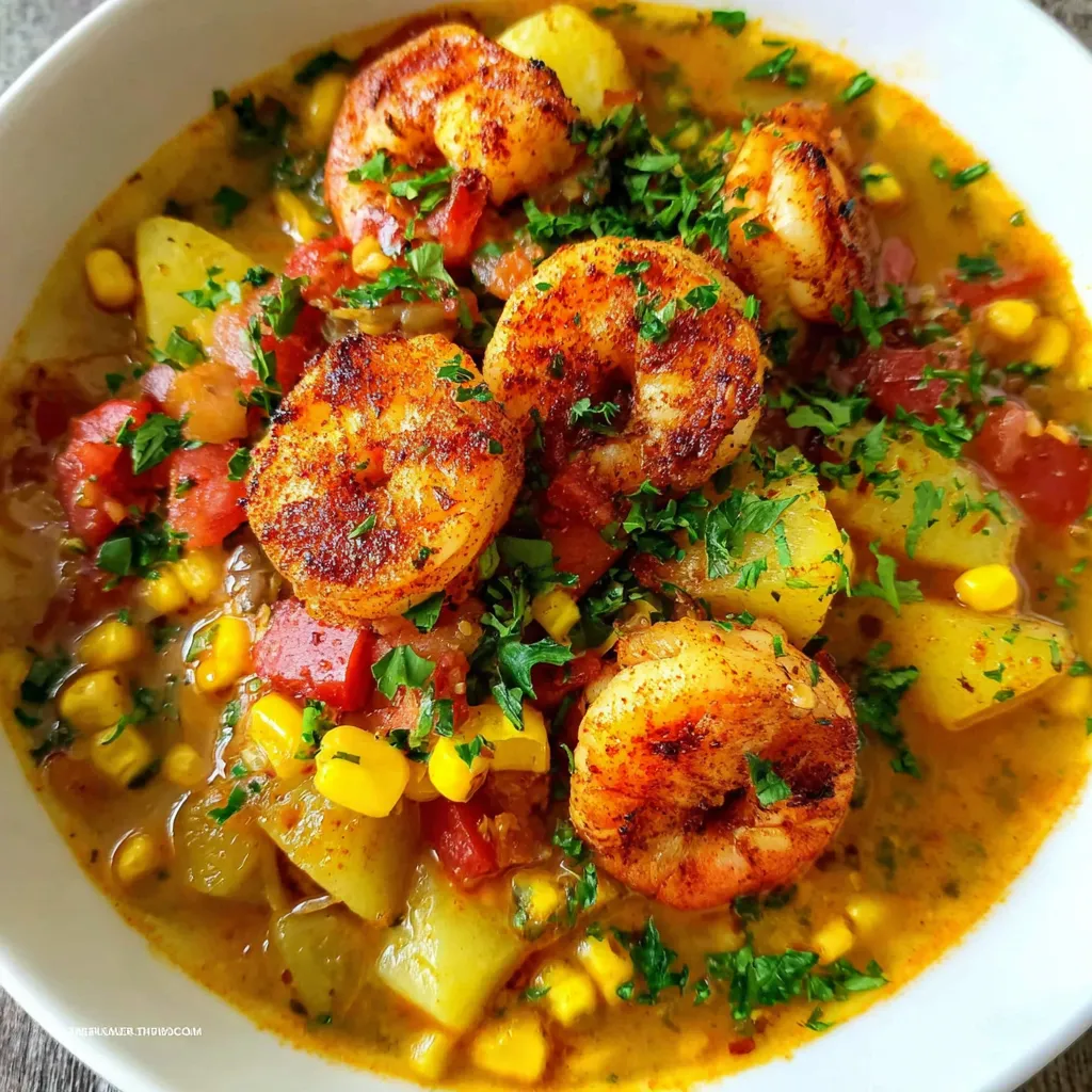 A bowl of Cajun Corn Shrimp Soup.