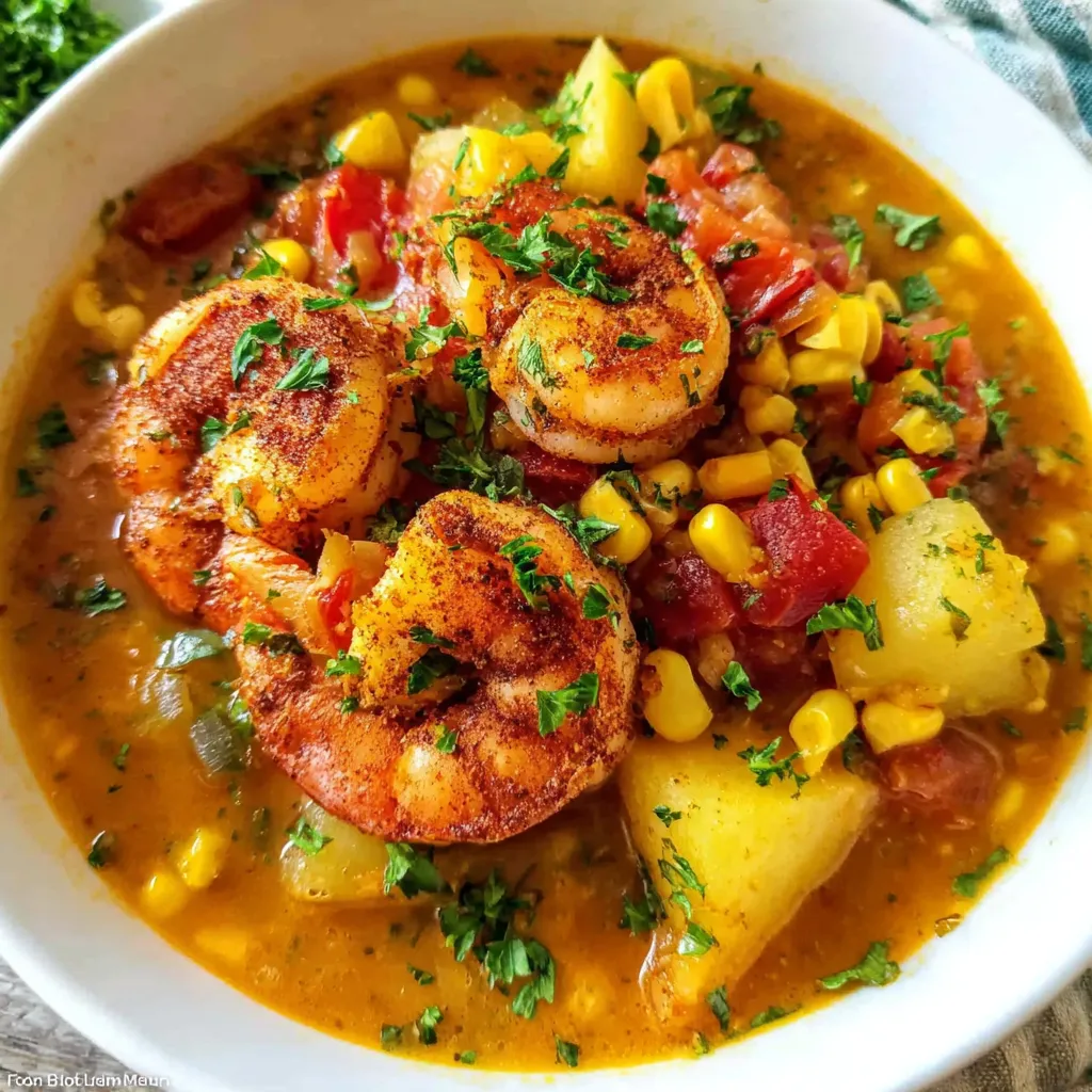 A bowl of Cajun Corn Shrimp Soup.