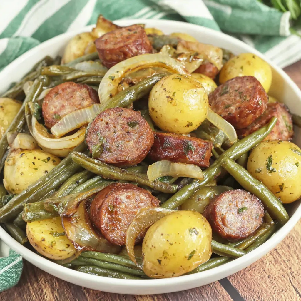A plate of sausage and green beans.
