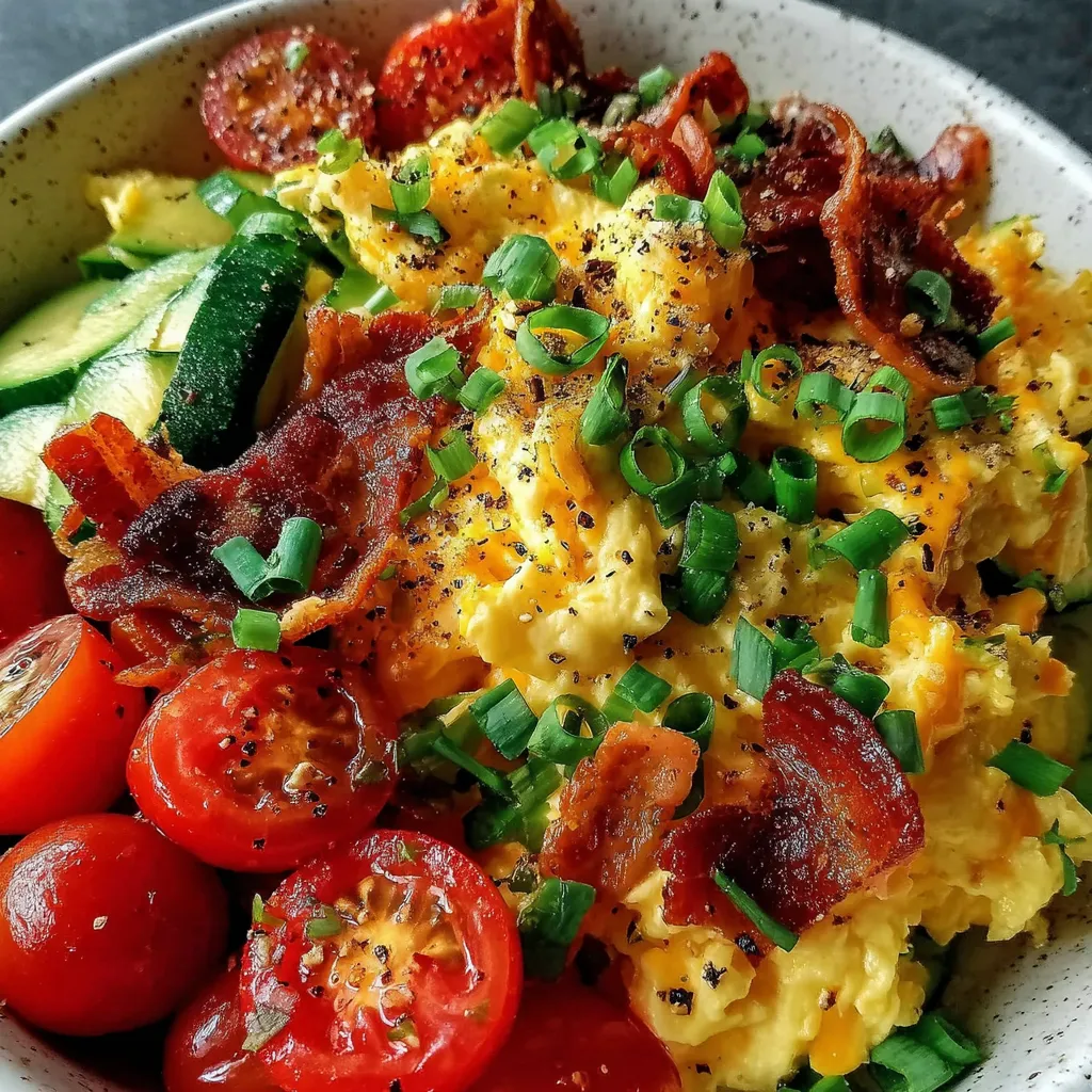 A bowl of scrambled eggs and vegetables.