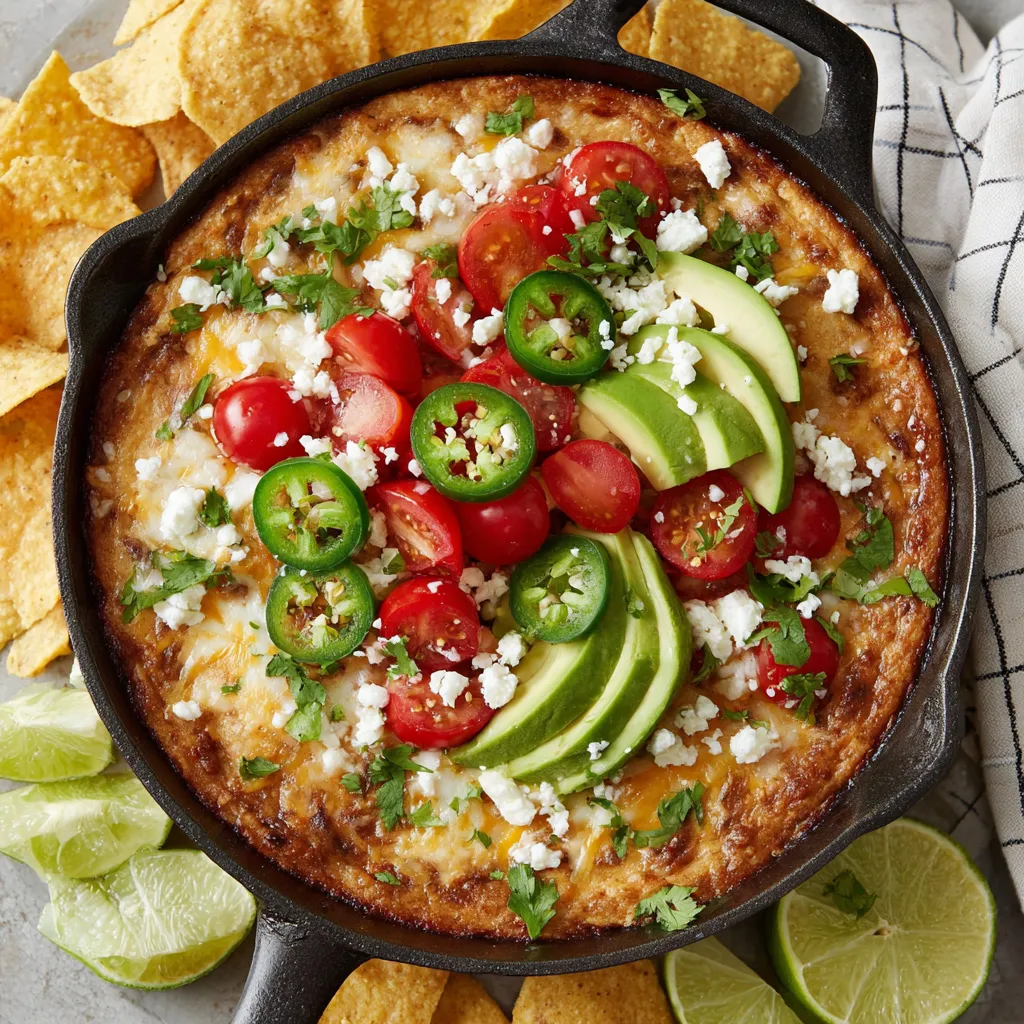 A cheesy dip with chips and tomatoes.