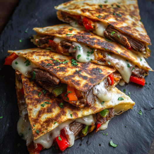 Pepper steak quesadillas on a black slate.