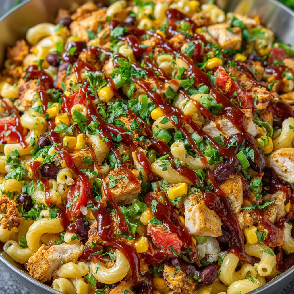 A bowl of BBQ chicken pasta salad.
