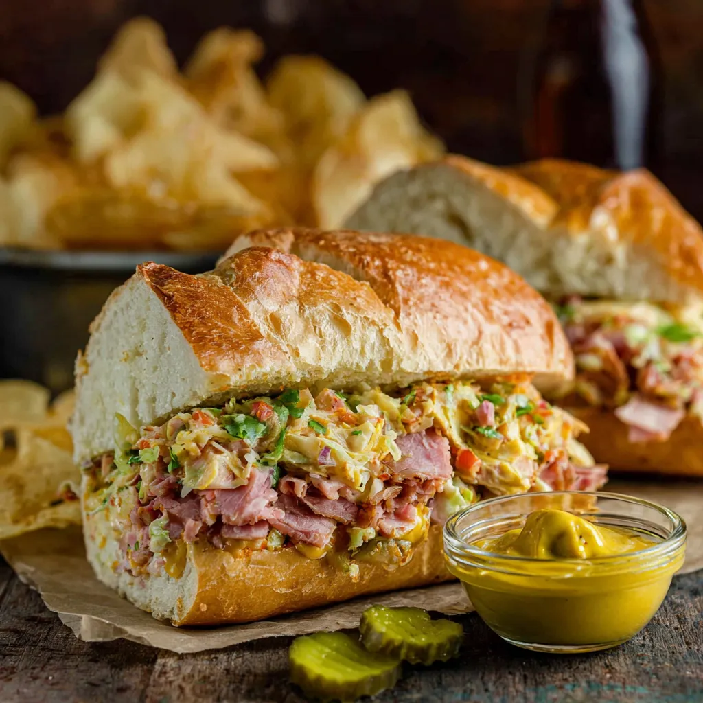 A Cuban chopped grinder sandwich with pickles and mustard.
