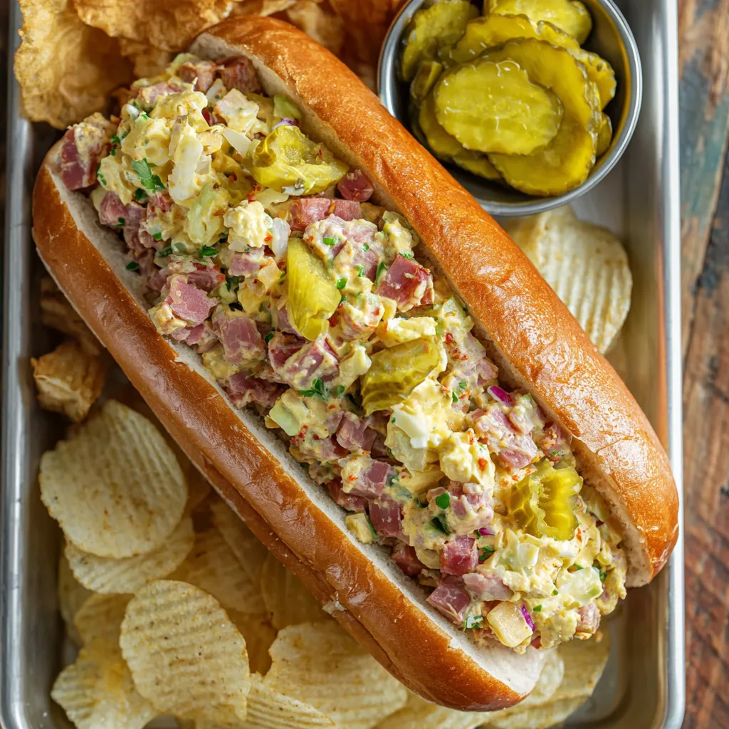 A Cuban Chopped Grinder Sandwich with pickles and chips.