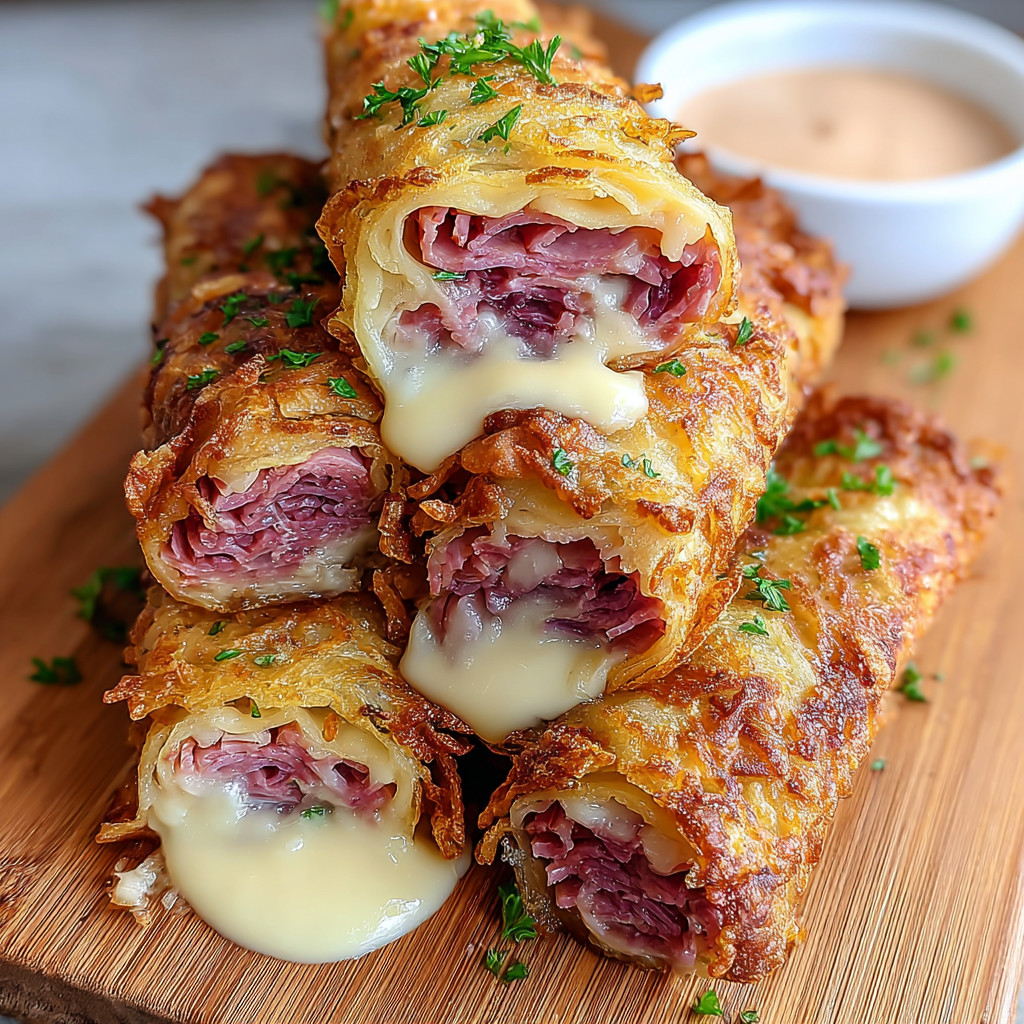 A plate of Keto Crispy Reuben Roll-Ups.