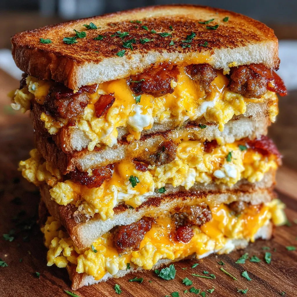 A stack of grilled cheese sandwiches with bacon and eggs.
