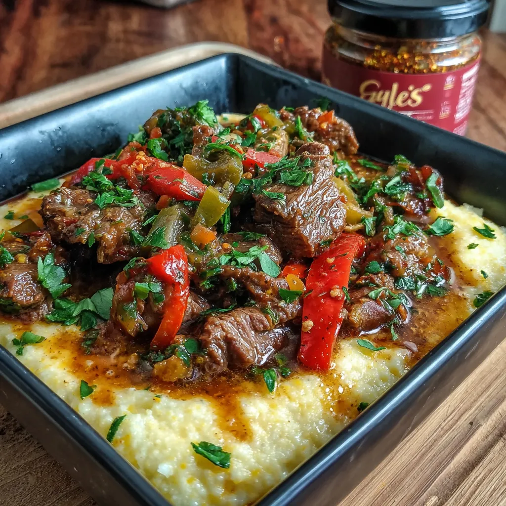 A plate of beef and grits with a jar of Gulyas seasoning.