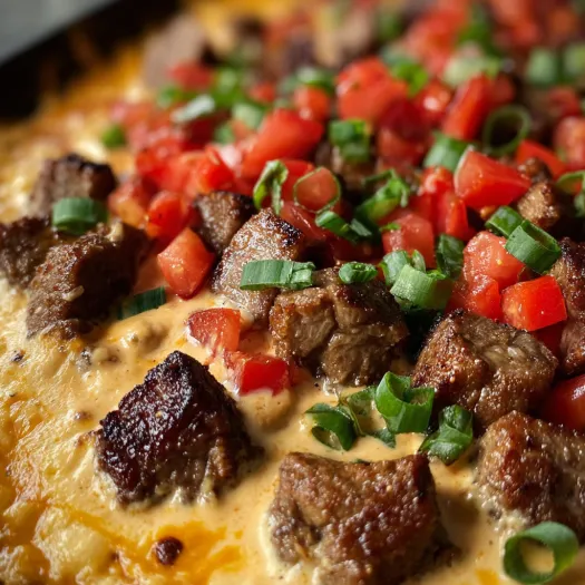 A dish of smoked queso with steak bites.