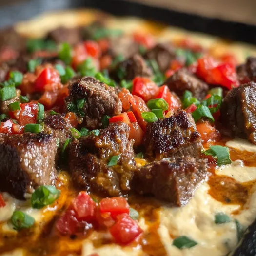 A close up of a delicious smoked queso with steak bites.