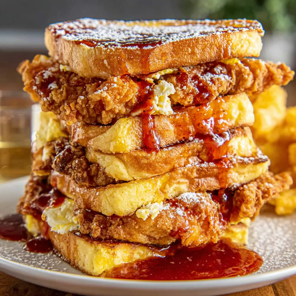 A stack of French toast with chicken and syrup.