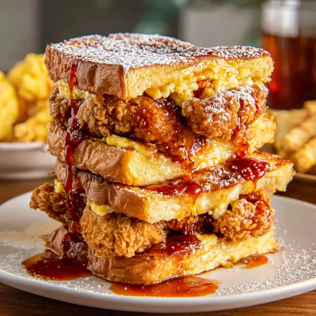 A stack of French toast with fried chicken in the middle.