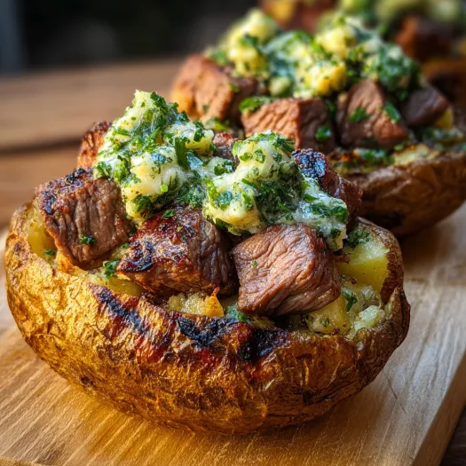 A close up of a grilled steak bite loaded baked potato with garlic herb butter.
