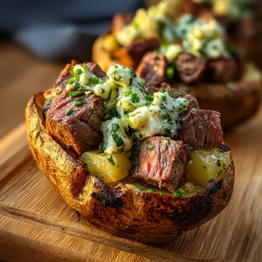 A grilled steak bite loaded baked potatoes with garlic herb butter.