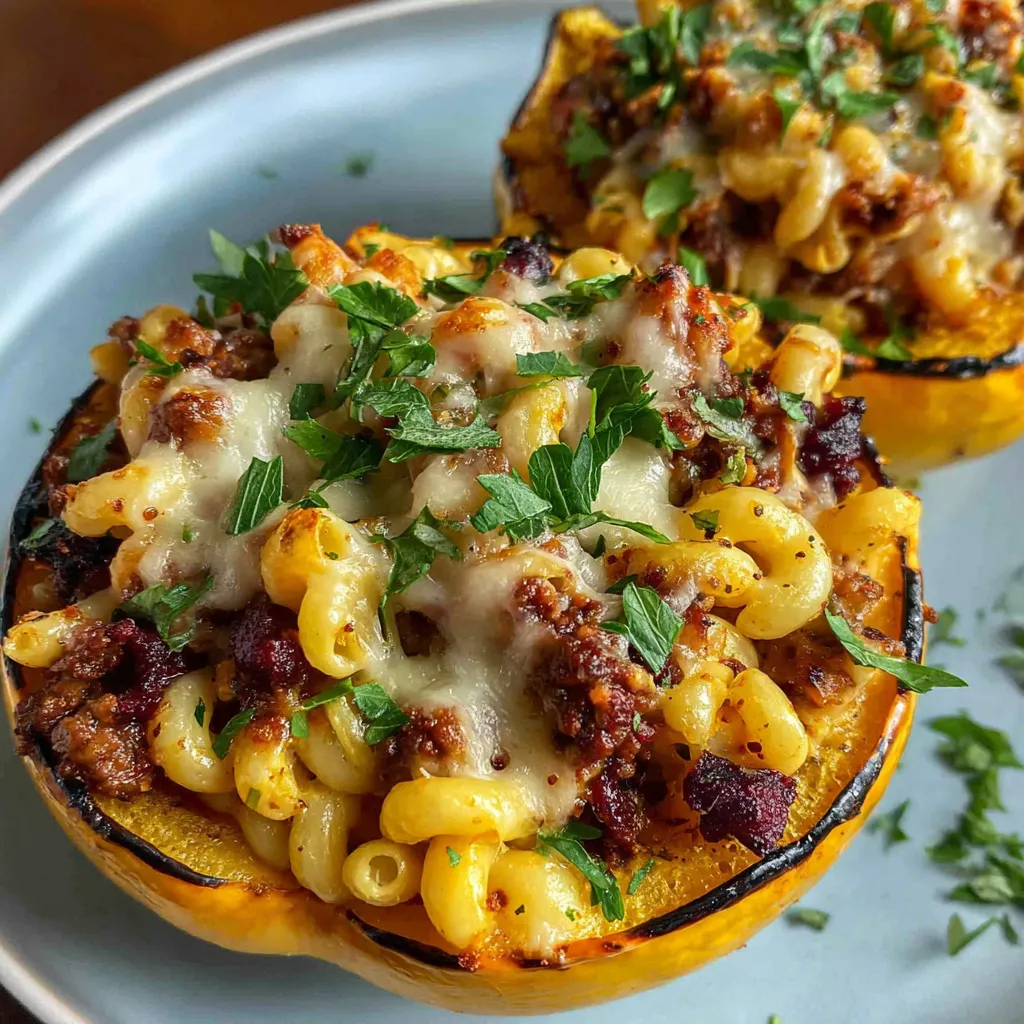 A plate of food with a stuffed squash and macaroni.