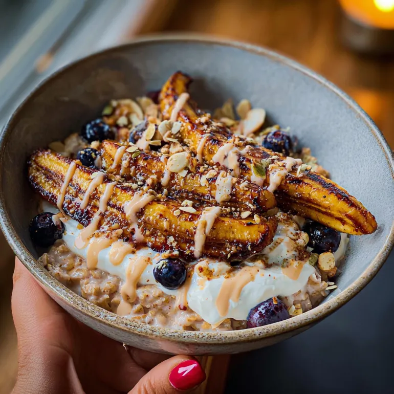 A bowl of oats with bananas and caramel.