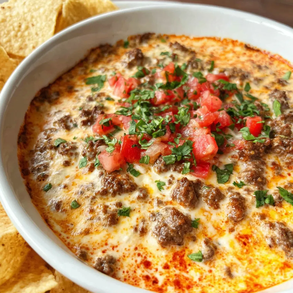 A bowl of hamburger dip with tomatoes and green onions.