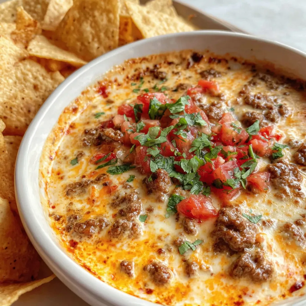 A bowl of hamburger dip with chips.