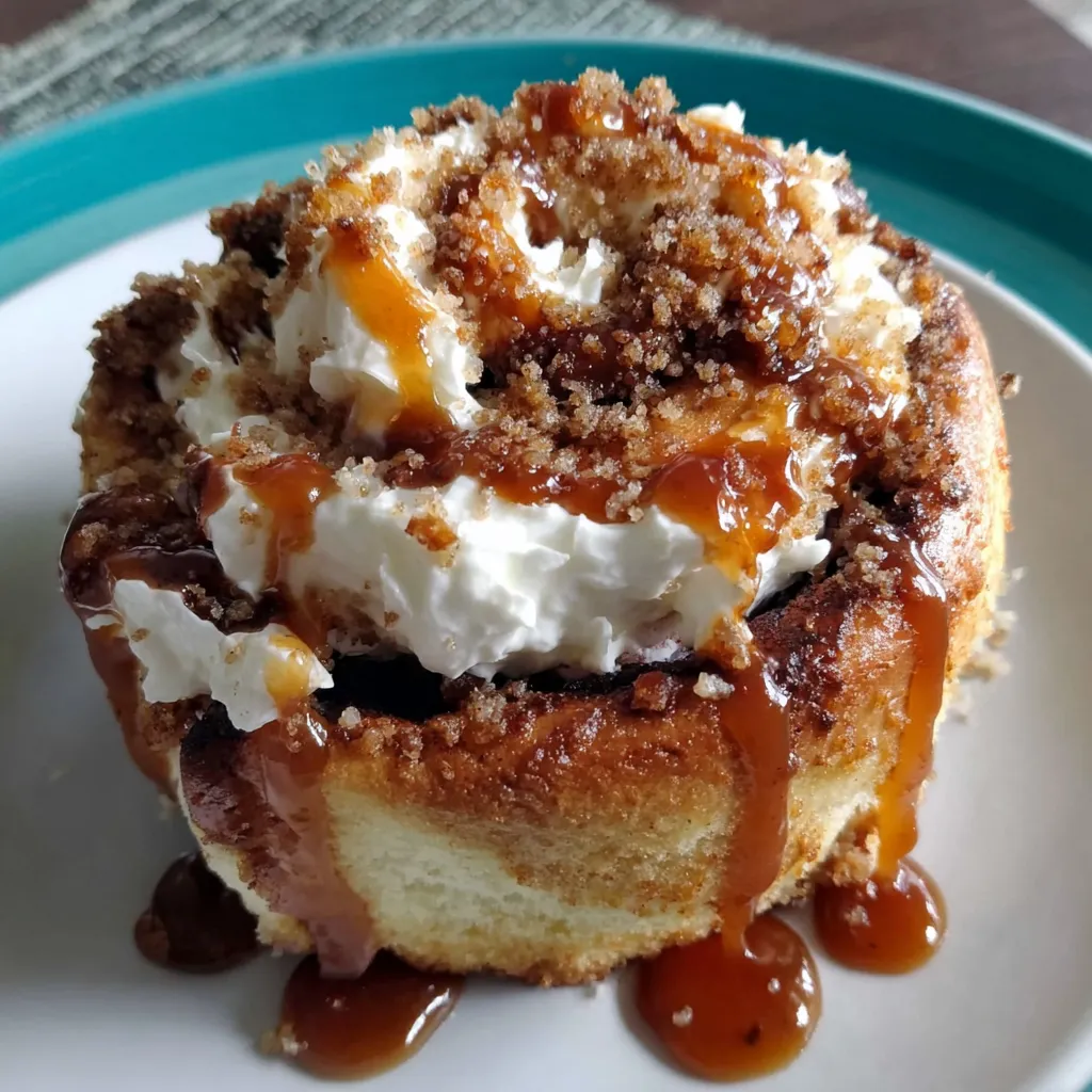 A cinnamon roll mug cake with white frosting and caramel drizzle.