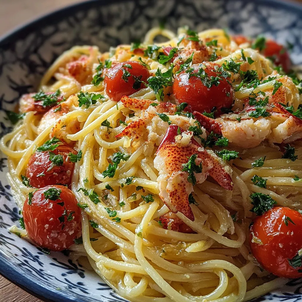 A bowl of creamy garlic butter lobster pasta.