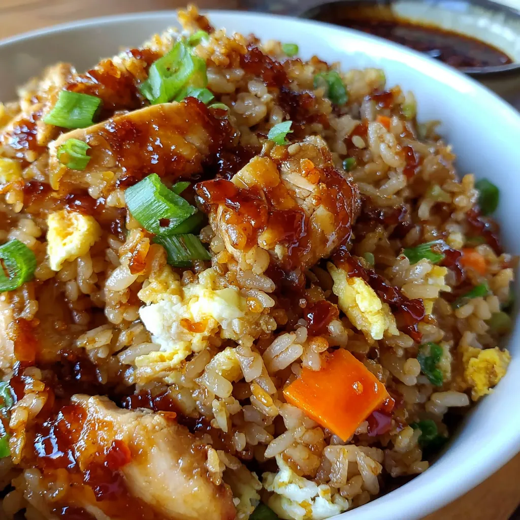 A bowl of rice with chicken and vegetables.