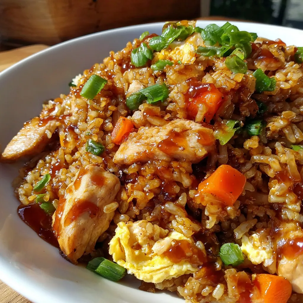 A plate of rice with chicken and vegetables.