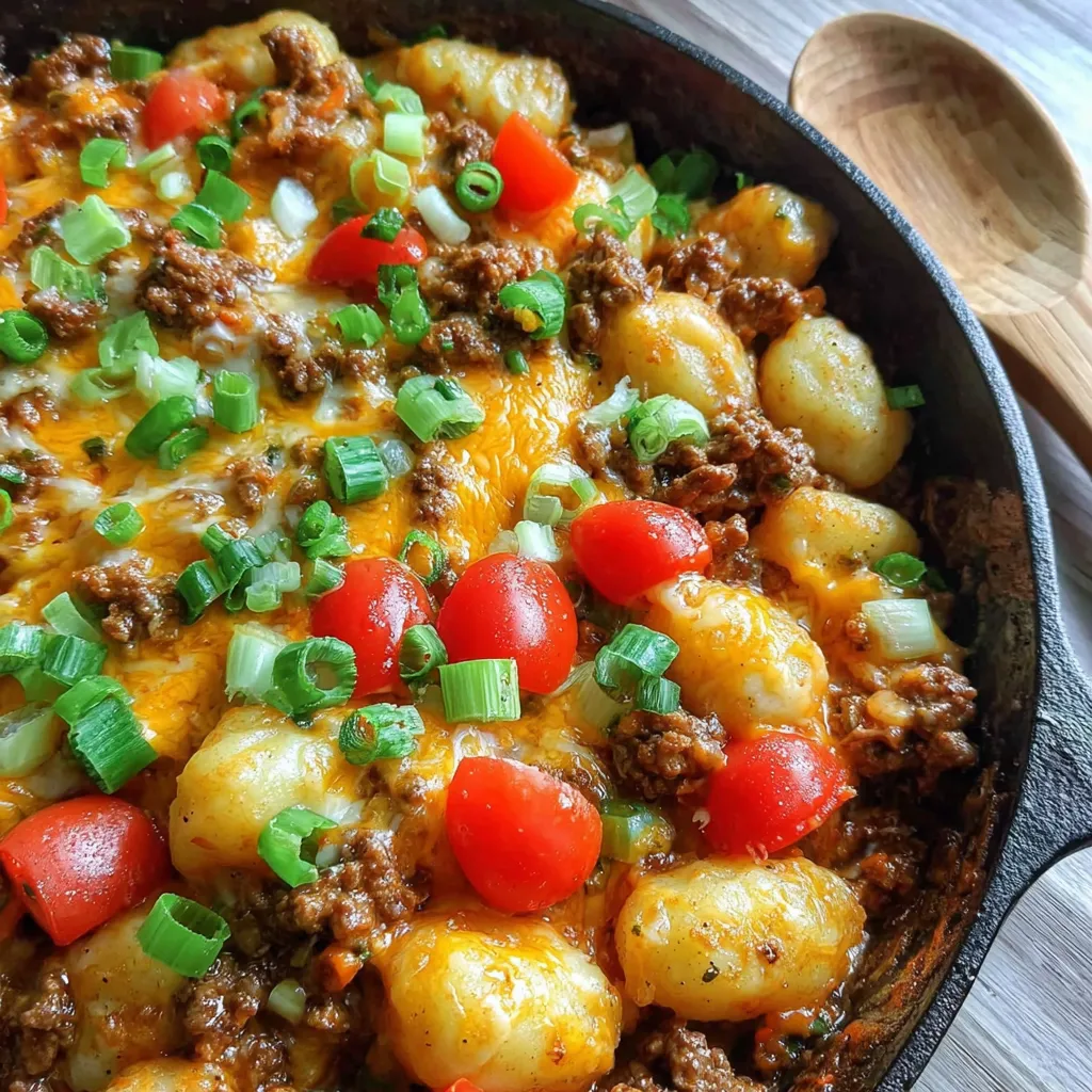 A skillet with a cheeseburger and tomatoes.