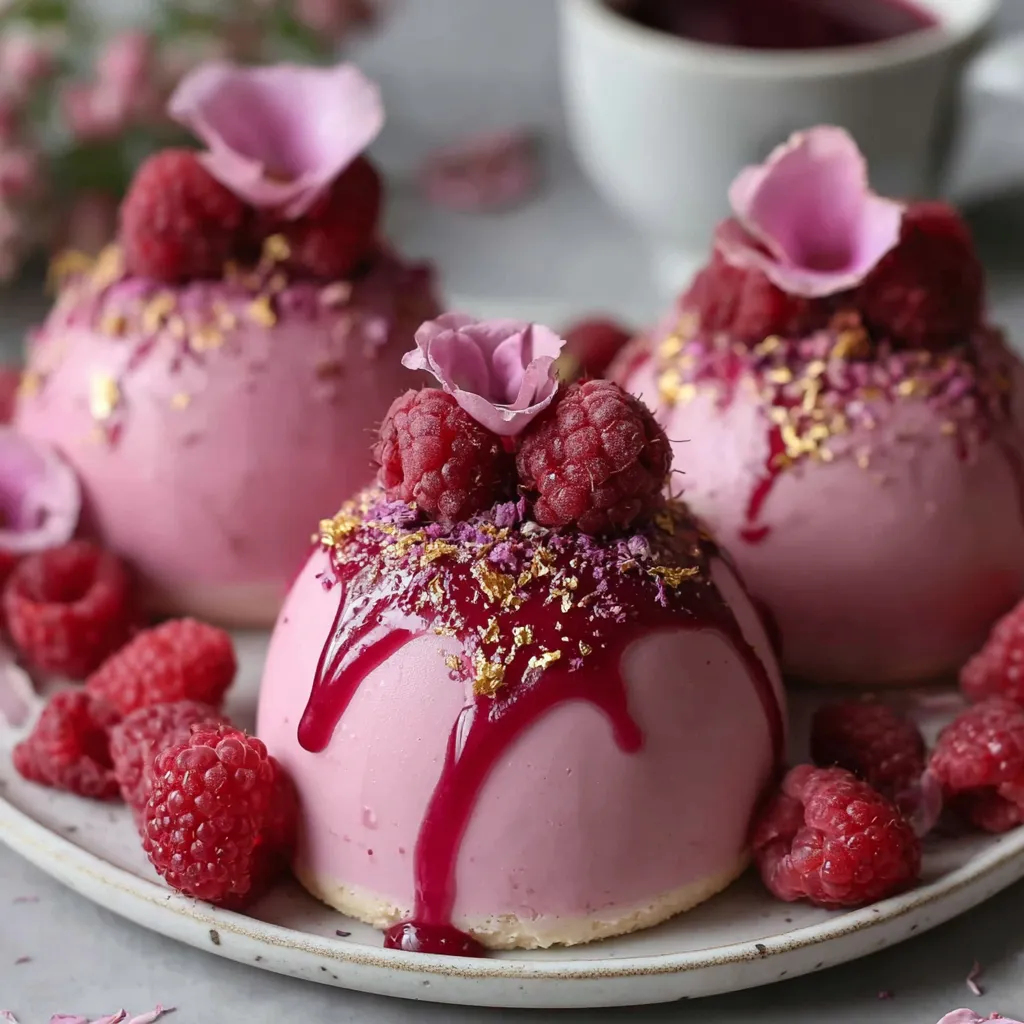 Three pink mousse domes with raspberries on top.