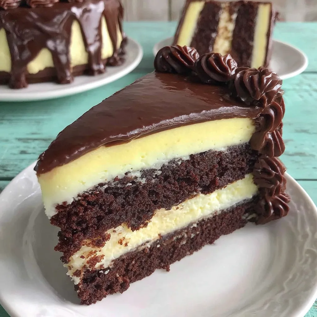 A slice of triple chocolate cheesecake on a plate.