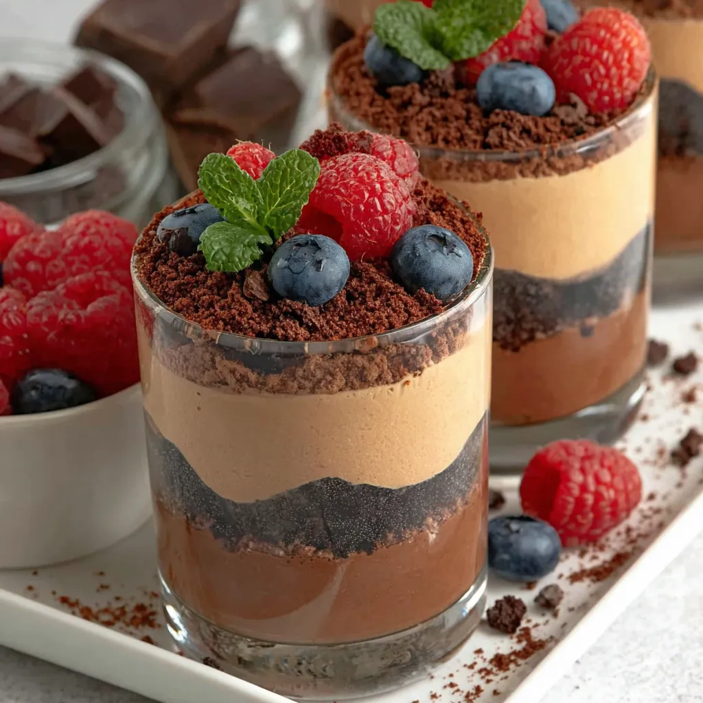 A close up of a chocolate dessert with raspberries and blueberries.