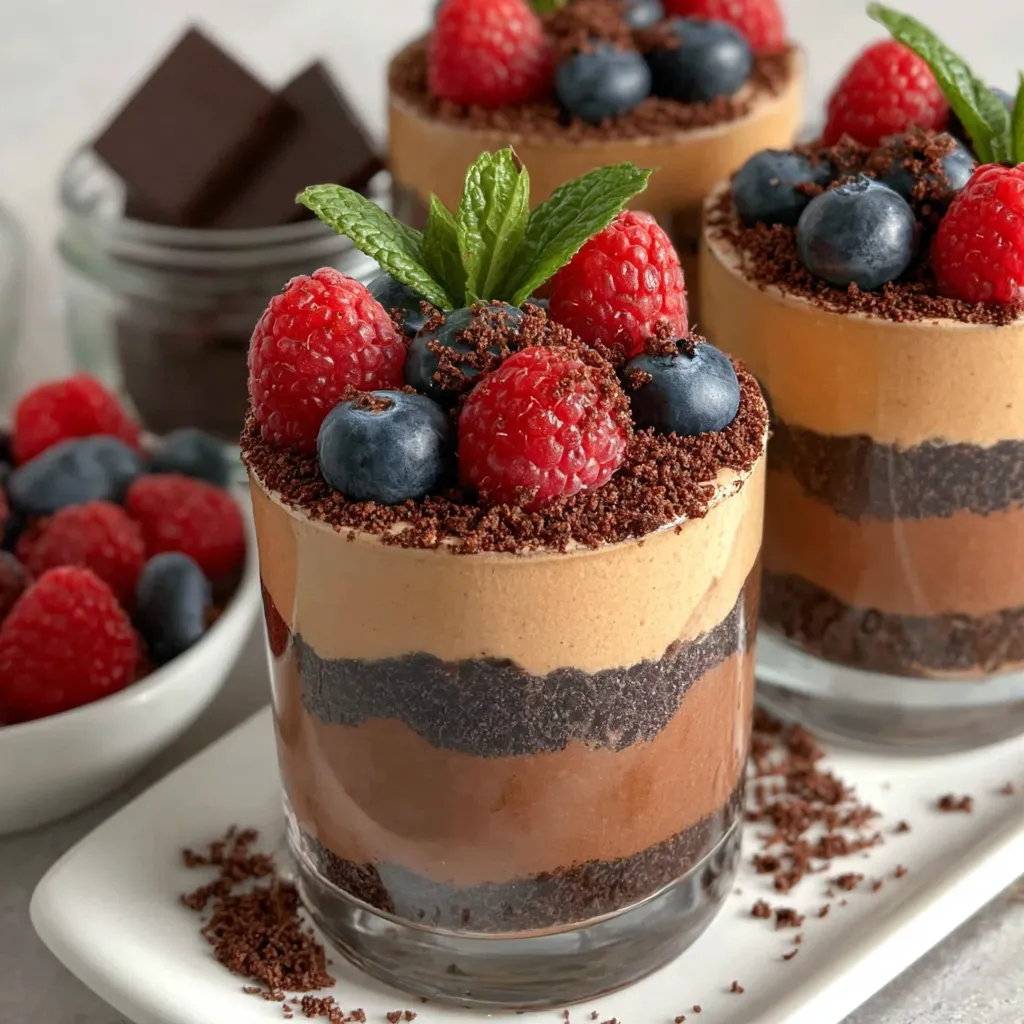 A close up of a chocolate dessert with raspberries and blueberries on top.