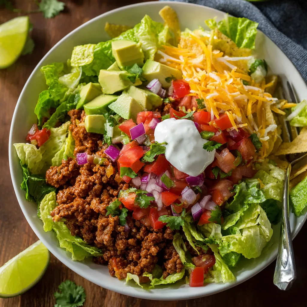 A bowl of taco salad with lettuce, tomatoes, and cheese.
