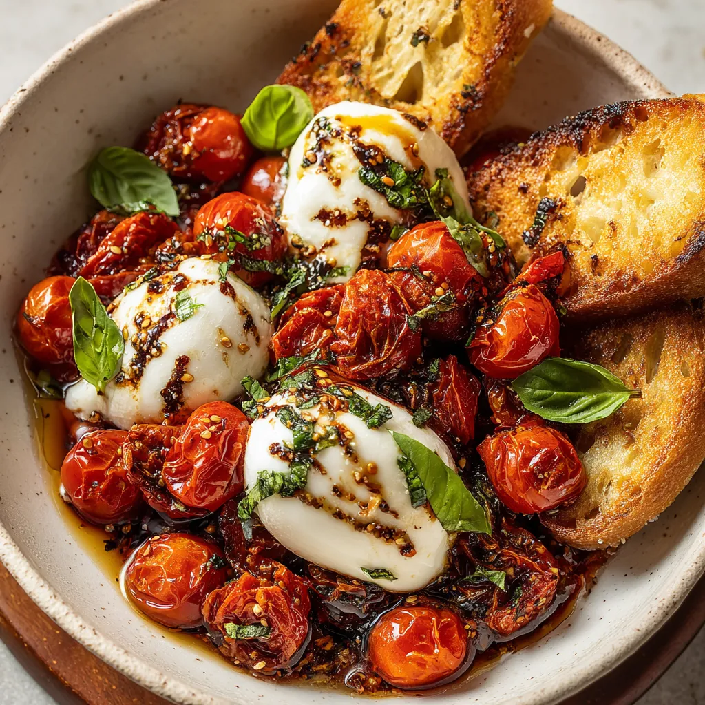 A bowl of food with tomatoes and cheese.